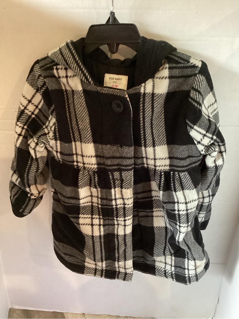 Girls Old Navy Black & White Fleece Checker Hooded Pea Coat size 4T